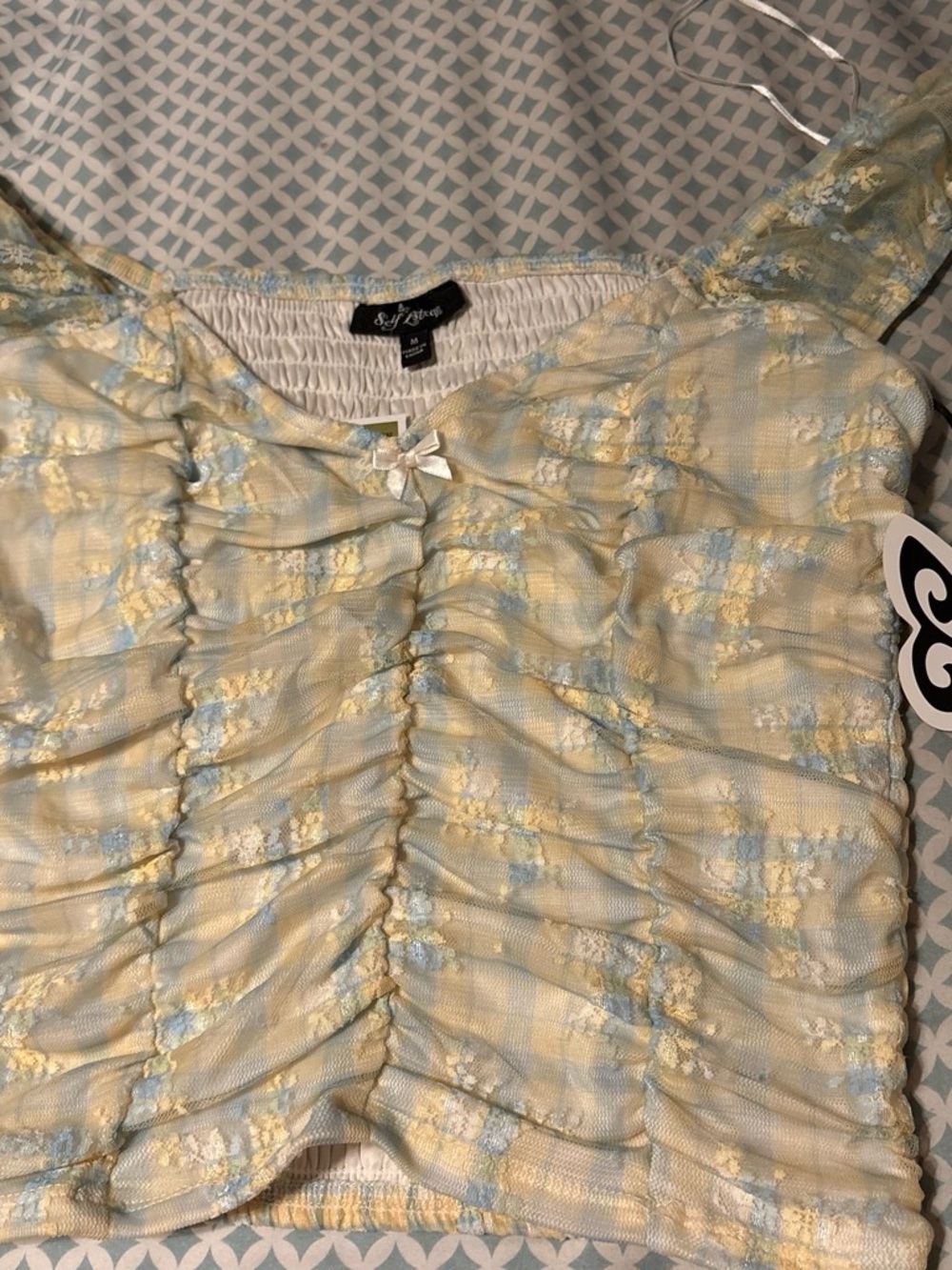 Self Esteem Yellow and Light Blue Ruched Floral Crop Top